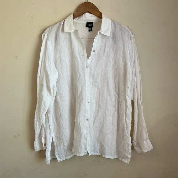 Eileen Fisher Crisp white 100% Irish Linen button down Blouse - Picture 1 of 5